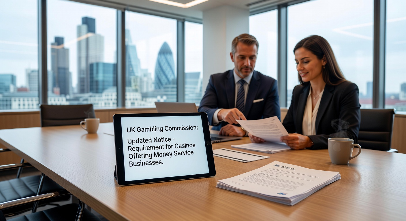 Casino cashier counter with currency exchange signs and regulatory compliance notices, highlighting MSB operations