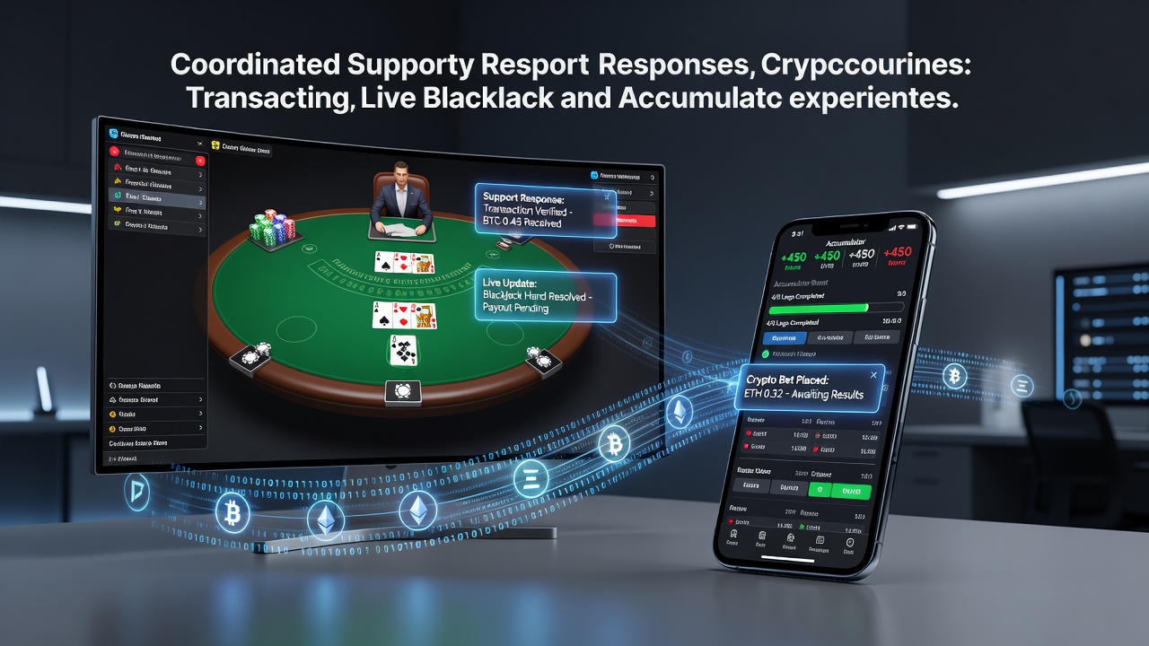 Crypto transaction interfaces displayed alongside live blackjack tables and accumulator bet slips on mobile screens