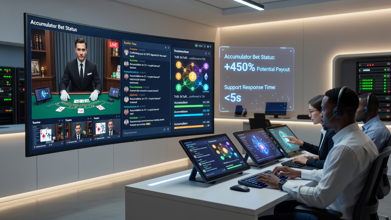 Support agents reviewing crypto wallet logs while accumulator bet builders update in real time