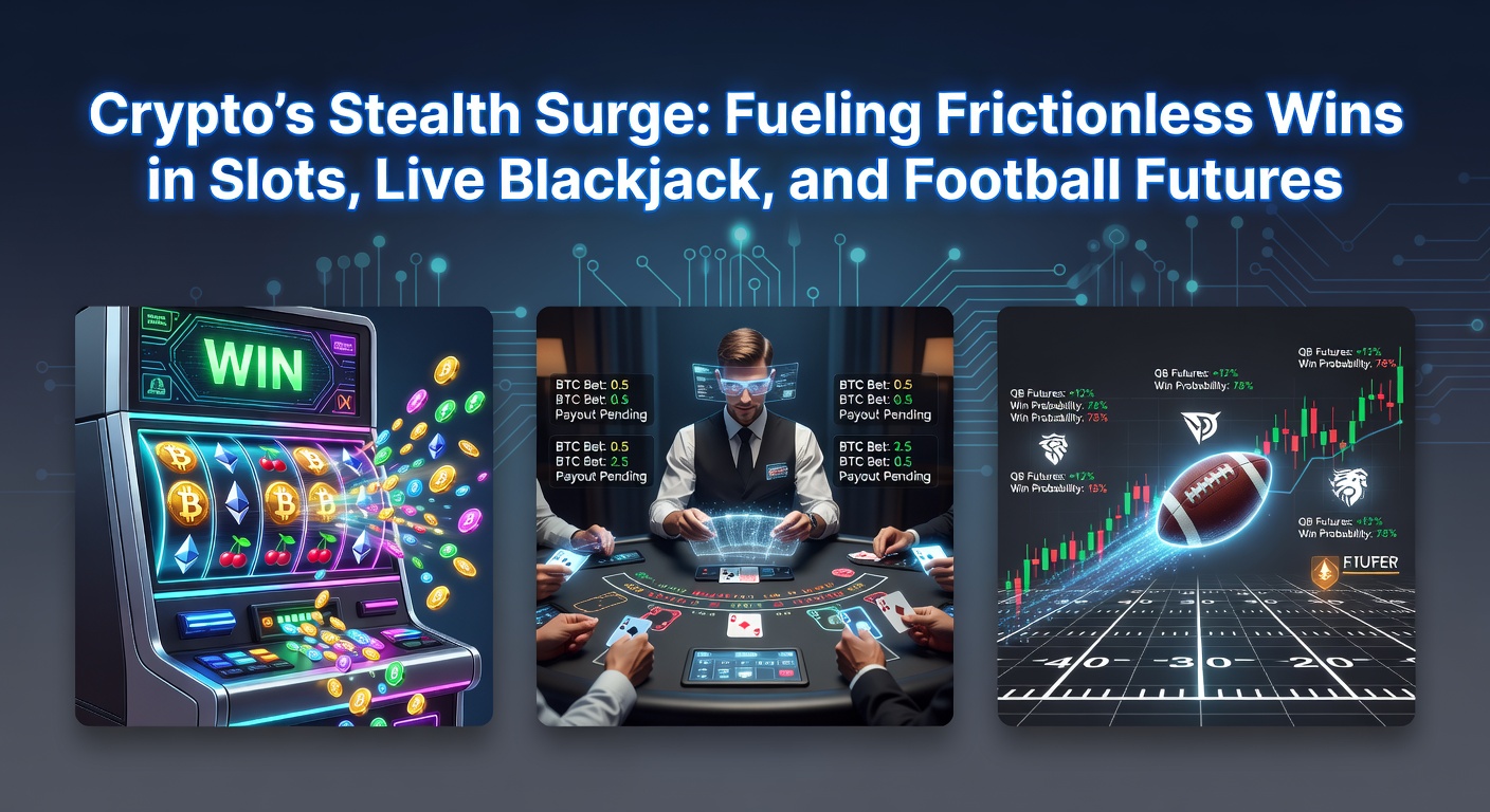 Digital cryptocurrency icons overlaying vibrant slot machine reels and blackjack tables, symbolizing fast, private gaming transactions
