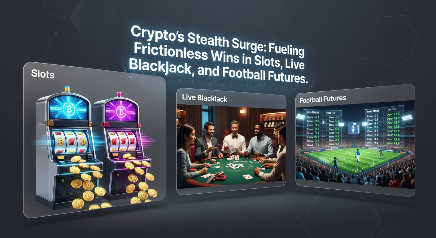 Animated graphic of soccer ball morphing into blackjack cards and slot symbols, connected by glowing crypto blockchain links