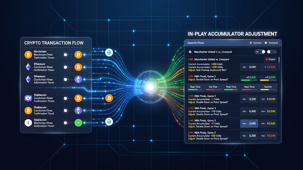 Cryptocurrency transaction interface integrated with live sports betting accumulator adjustments on a digital platform