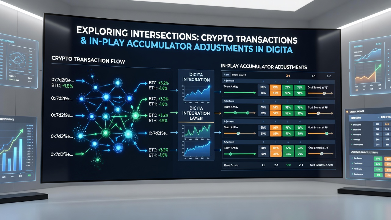 Live sports accumulator interface showing cryptocurrency balance updates during an in-play betting session