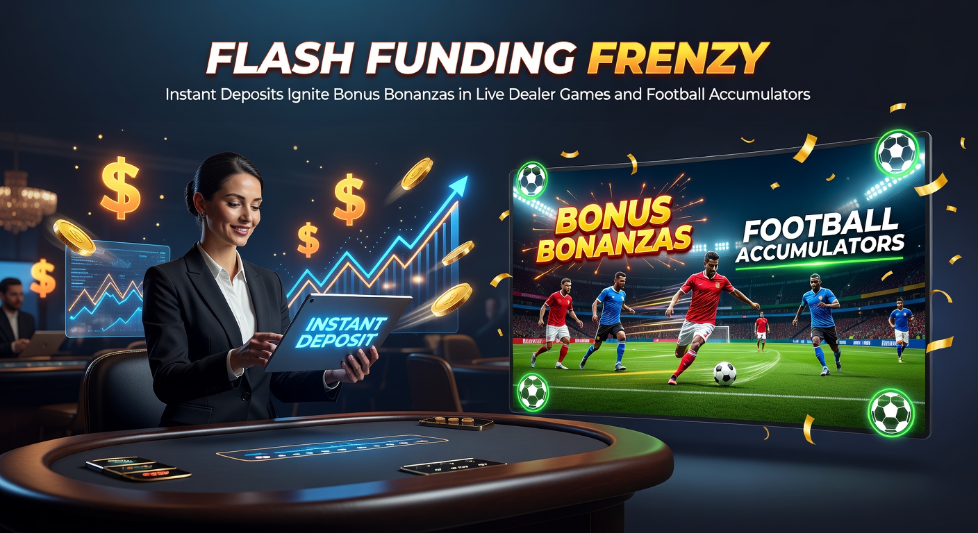 Vibrant screenshot of a mobile betting app displaying an instant deposit confirmation, with bonus credits activating for a live blackjack table and a football accumulator bet slip