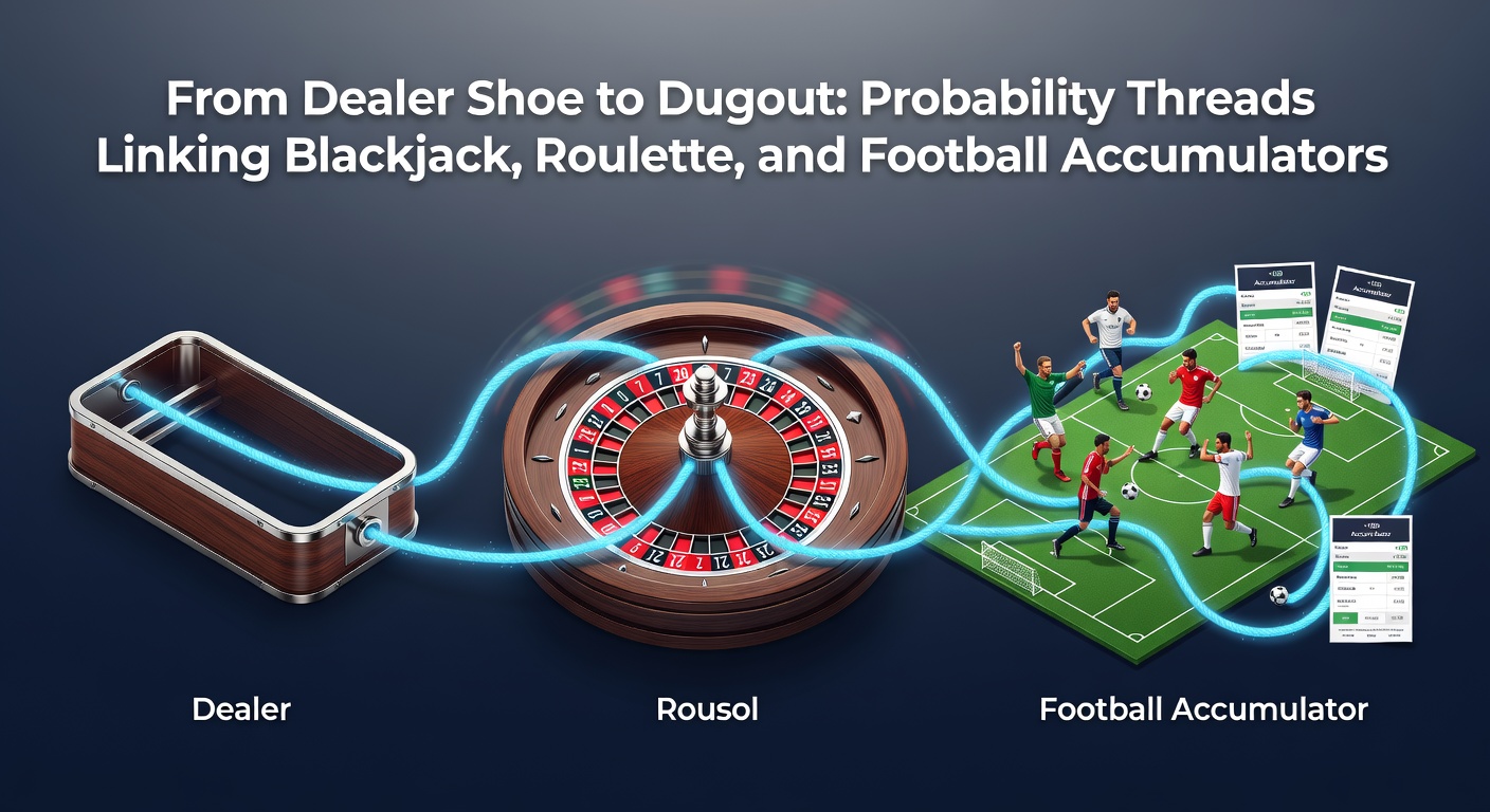 A dealer shoe in blackjack next to a roulette wheel and a football pitch diagram, illustrating probability connections