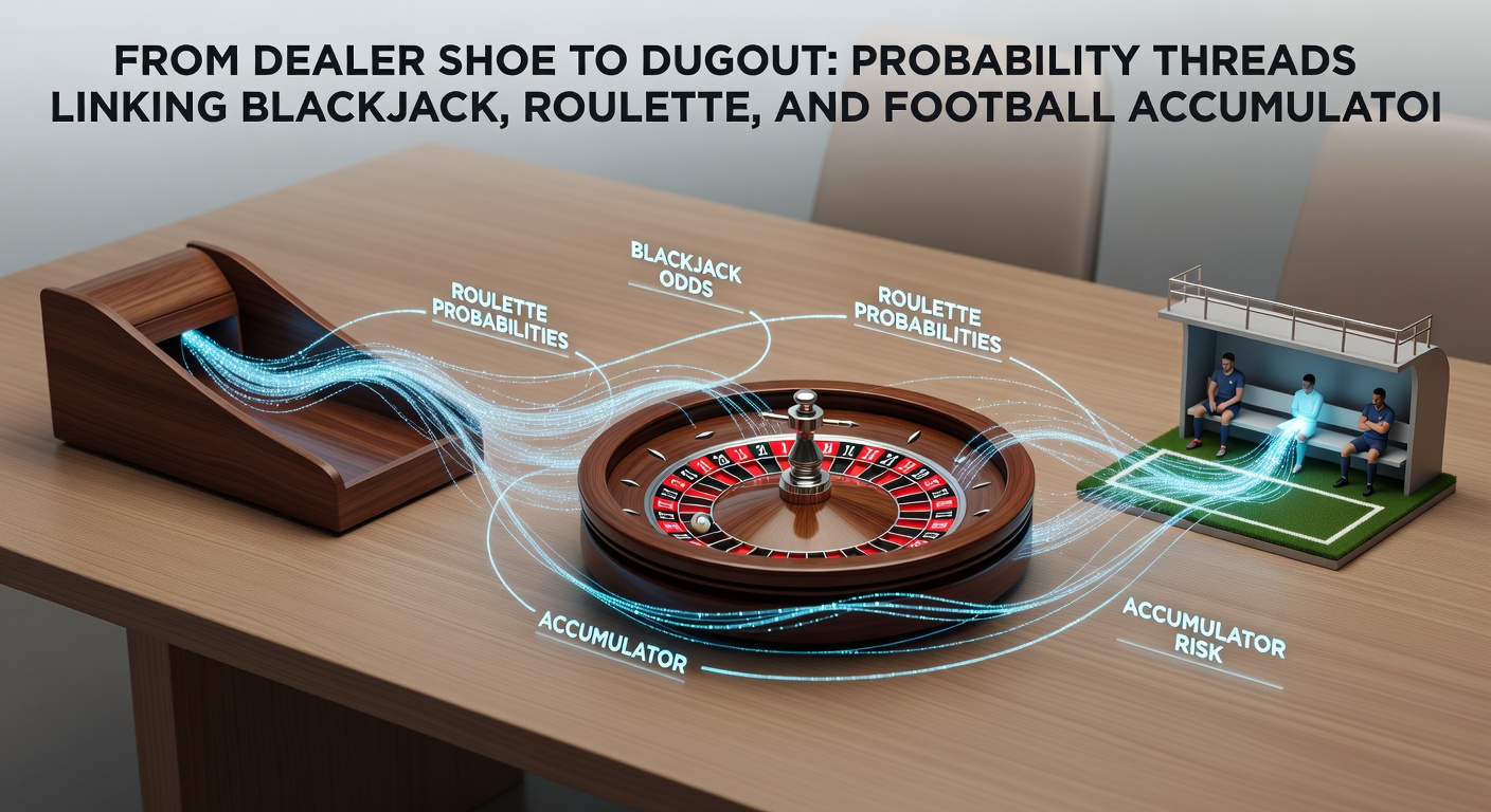 Close-up of a blackjack hand, roulette bet layout, and football accumulator slip, symbolizing shared probability math
