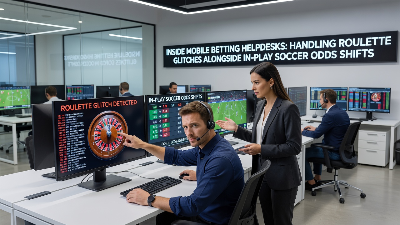 Helpdesk dashboard displaying real-time roulette game status alongside dynamic soccer in-play odds updates
