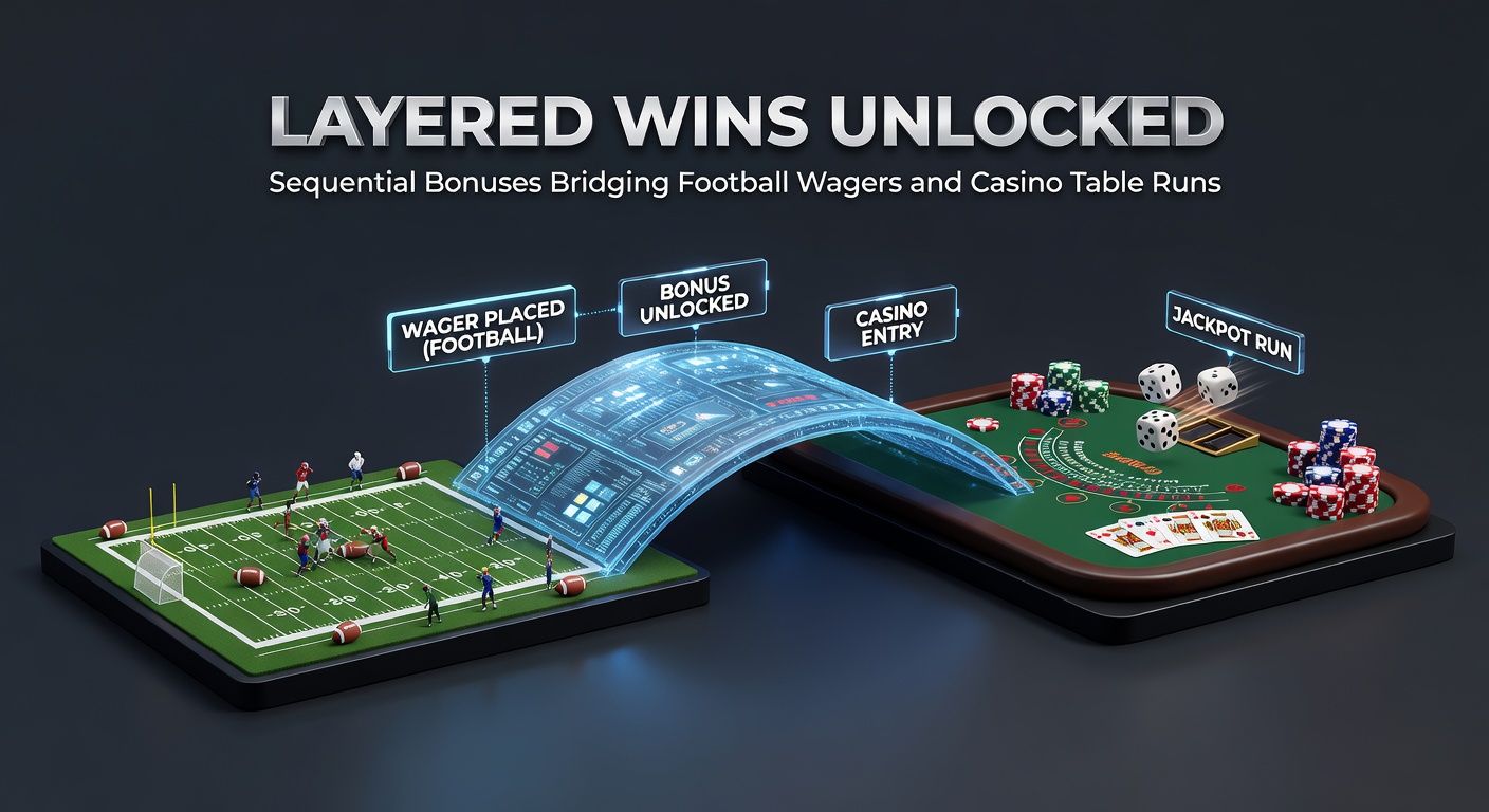 Digital graphic showing layered bonus icons connecting football pitch icons to casino roulette and blackjack tables, with cascading win streaks and sequential unlocks