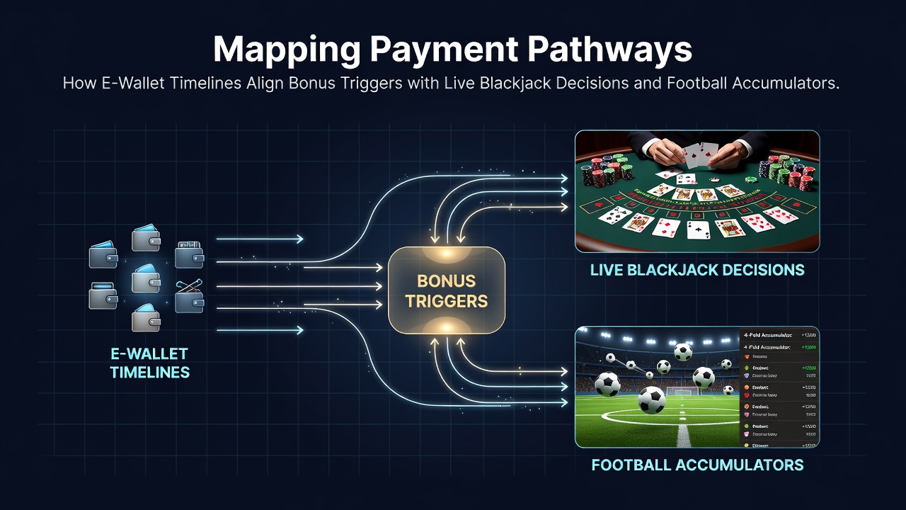 Diagram showing e-wallet transaction timelines connecting deposit processing to bonus activation points in gaming platforms