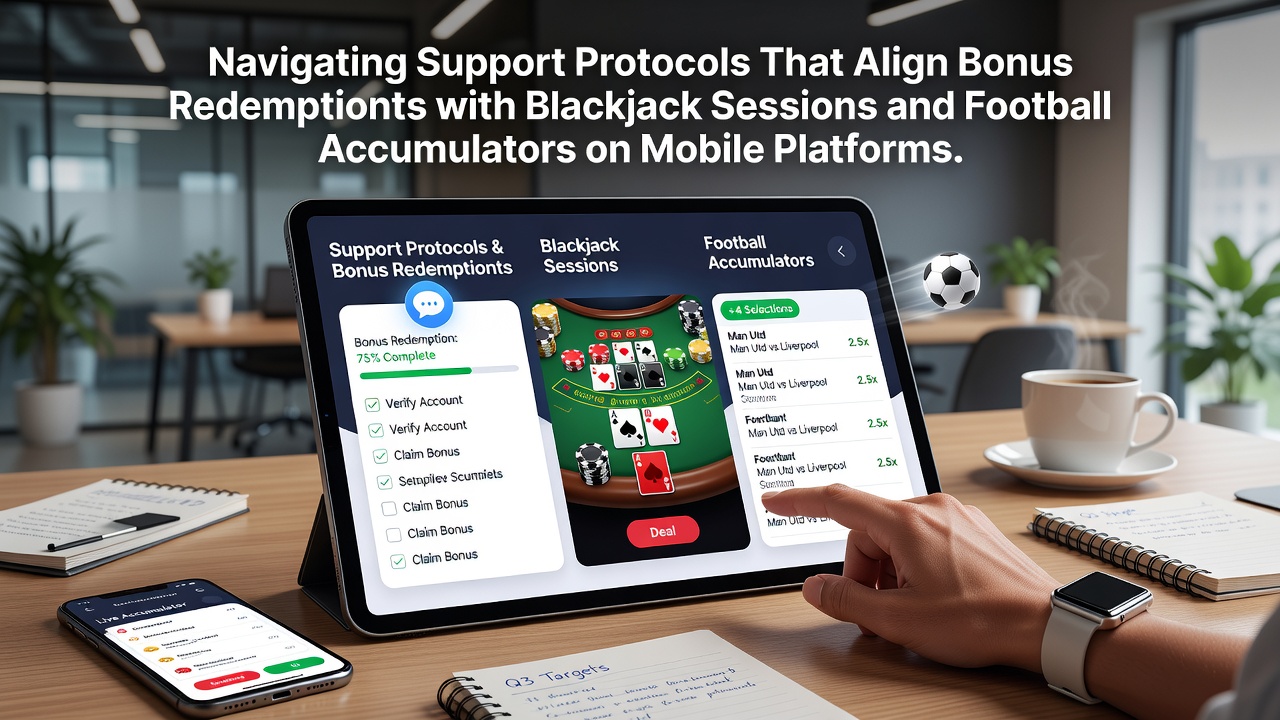 Mobile app interface showing bonus redemption options during a blackjack session and football accumulator setup
