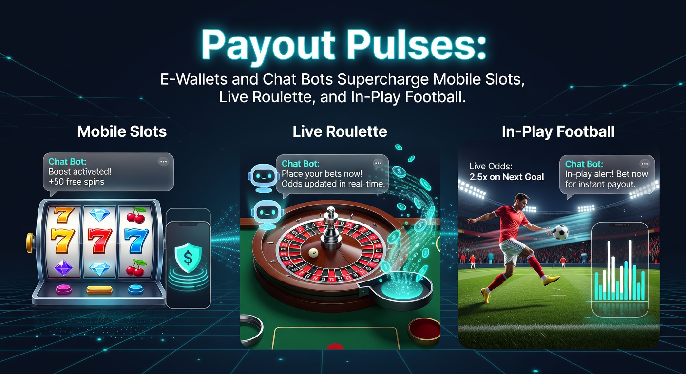 Dynamic split-view of chatbot interface resolving a payout query next to a live soccer in-play betting screen with e-wallet confirmation popping up