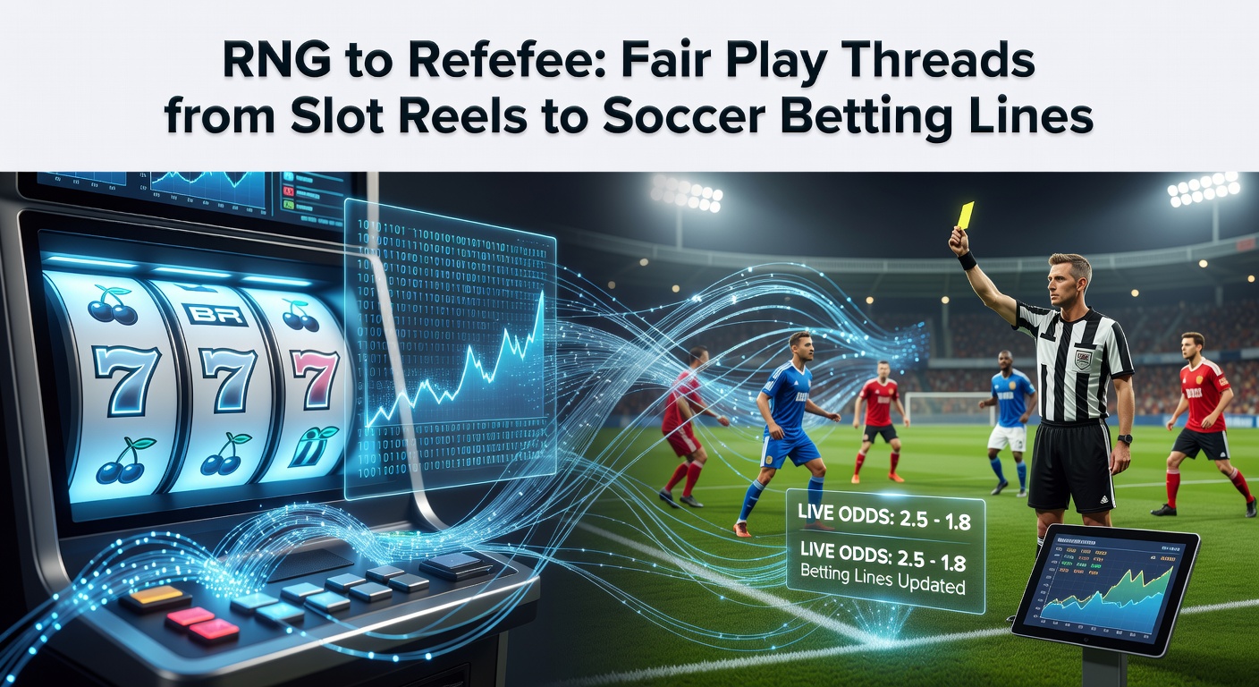 Digital visualization of slot machine reels spinning with RNG code overlays transitioning to a soccer referee signaling on the pitch
