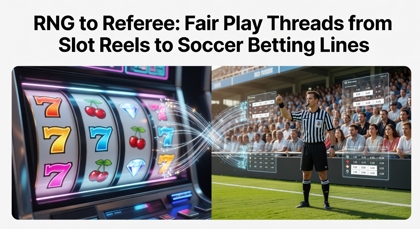 Split-image graphic showing RNG certification lab equipment alongside a high-tech VAR control room during a soccer match review