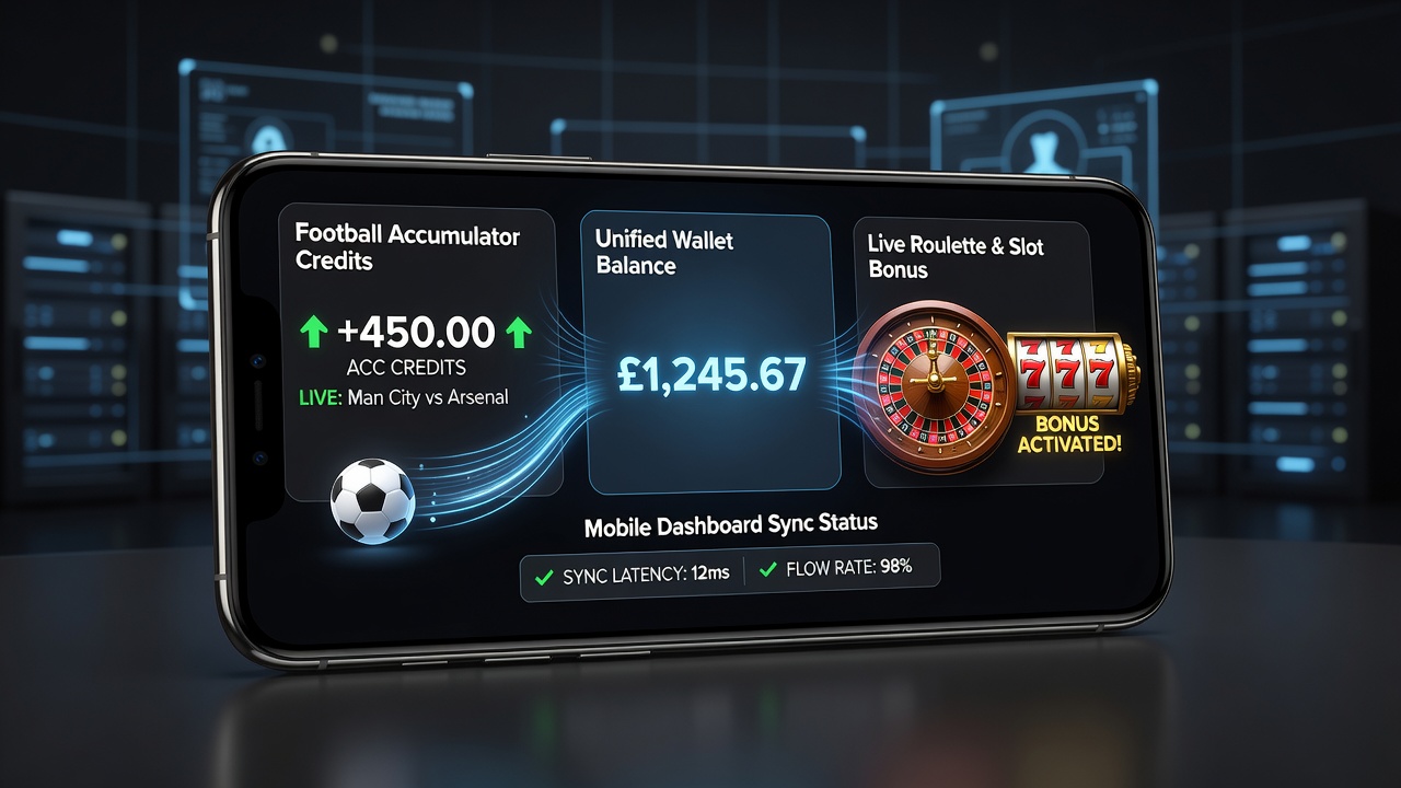 Mobile dashboard showing synchronized wallet flows between football accumulator credits and live roulette slot bonuses