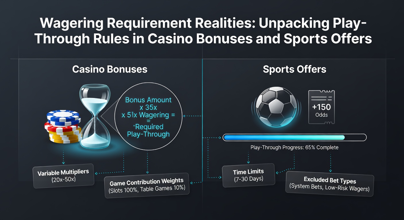 Illustration of a casino bonus offer document with highlighted wagering requirement clauses and a calculator overlay showing play-through calculations