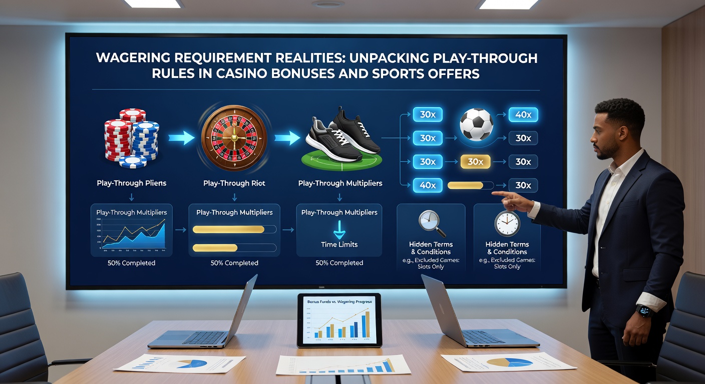 Graphic comparing wagering requirement bars for casino slots versus sports bets, with icons for football matches, roulette wheels, and slot reels alongside percentage meters