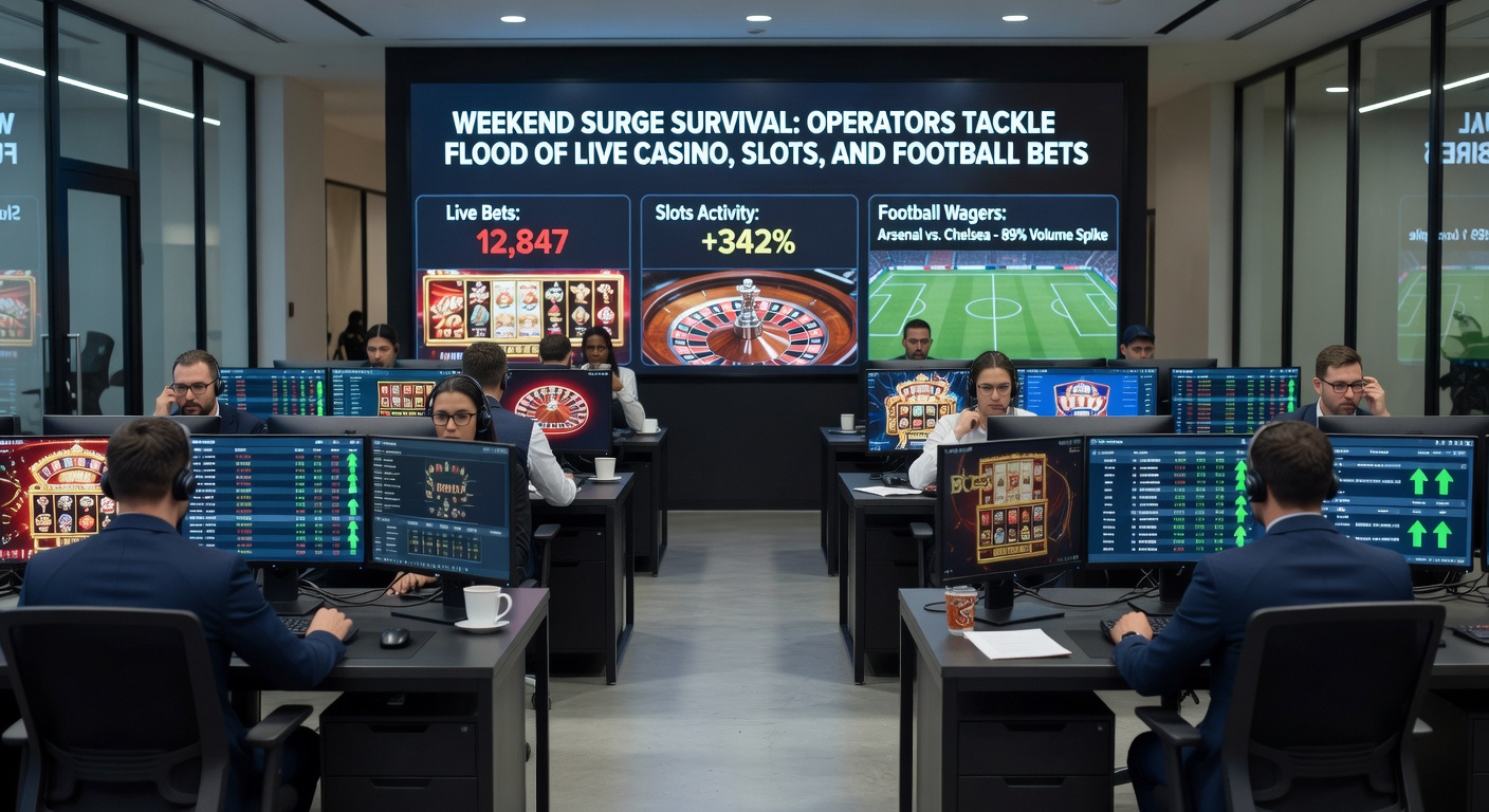 Busy control room with operators monitoring live data streams and server metrics during a high-traffic betting weekend