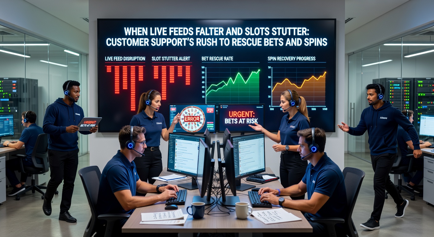 Support agent at a desk monitoring live feeds and slot interfaces during a technical outage, screens flickering with error messages and urgent chat notifications